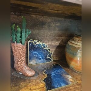 Blue Geode Themed Coasters with Gold Trim - Set Of 4